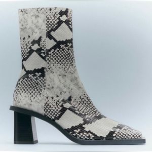 Zara White and Black Snake-Print Heeled Ankle Boots